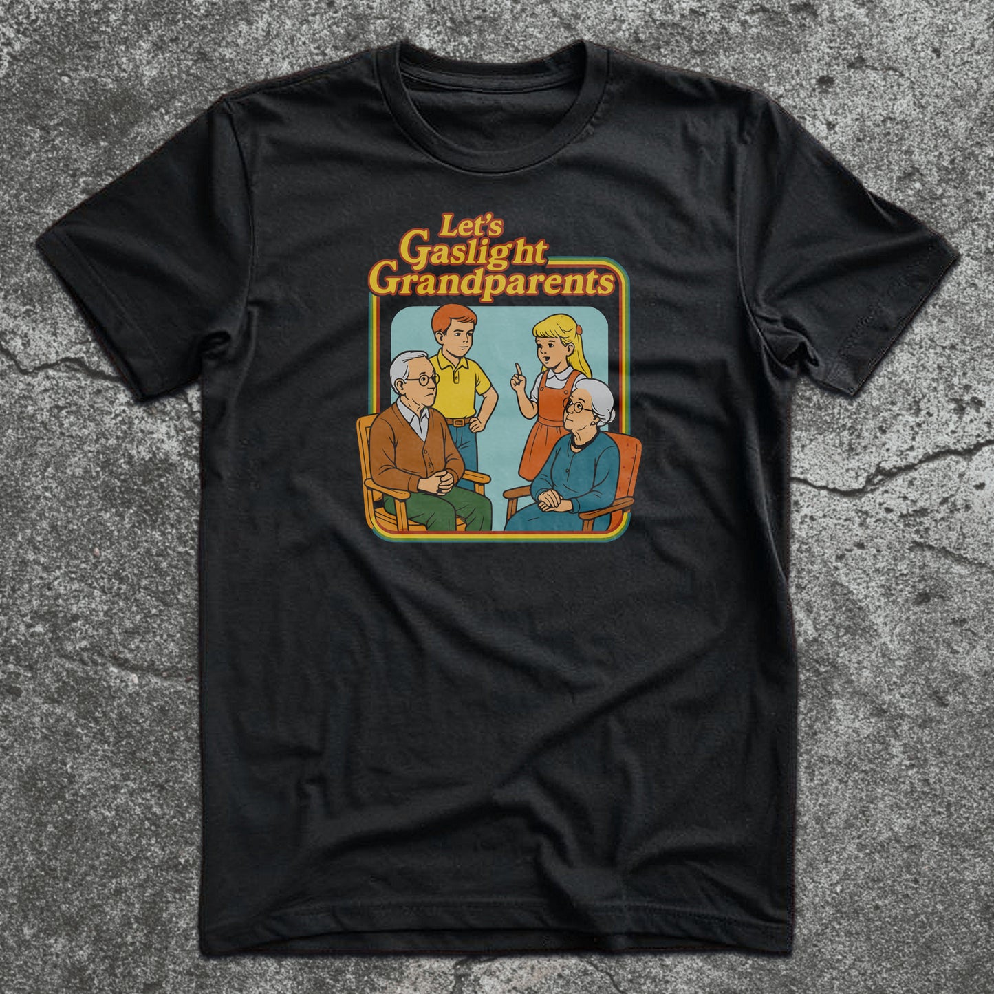 Retro dark humor shirt titled "Let’s Gaslight Grandparents" featuring vintage cartoon children with elderly couple