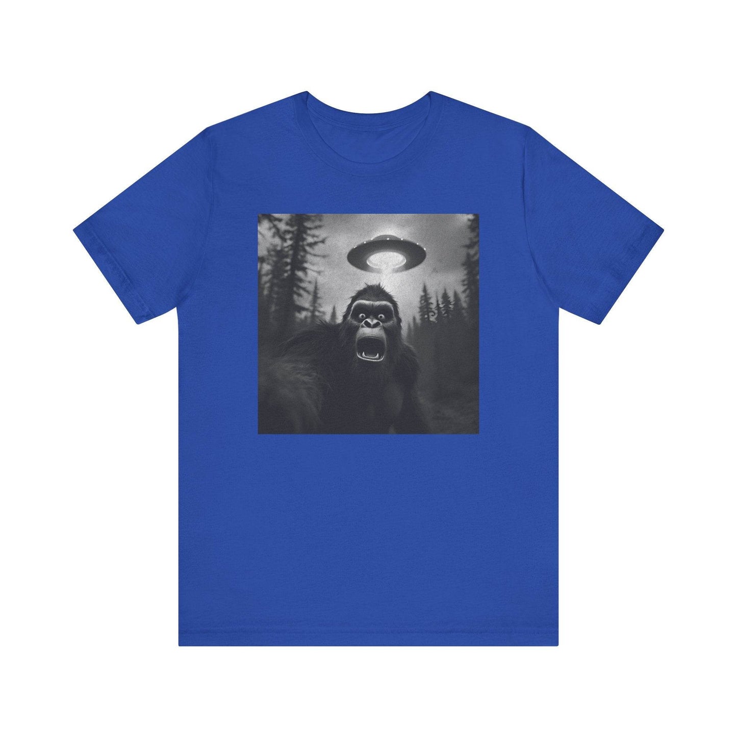 Short Sleeve Tee - Scared Sasquatch Bigfoot Selfie with UFO Design - QHC Supply