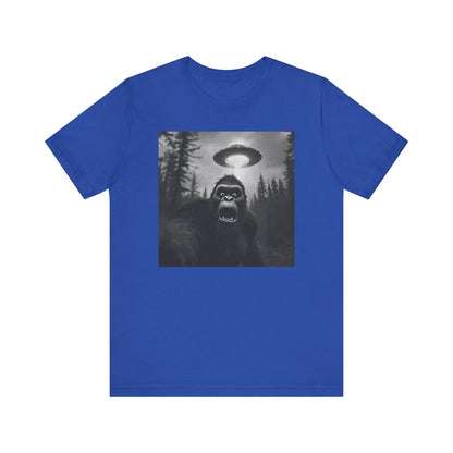 Short Sleeve Tee - Scared Sasquatch Bigfoot Selfie with UFO Design - QHC Supply