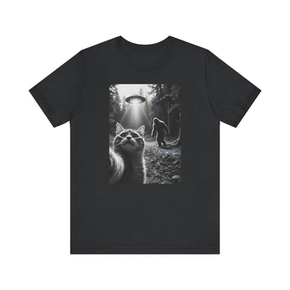 T-Shirt - Cat Taking a Selfie with Bigfoot and UFO Design - QHC Supply