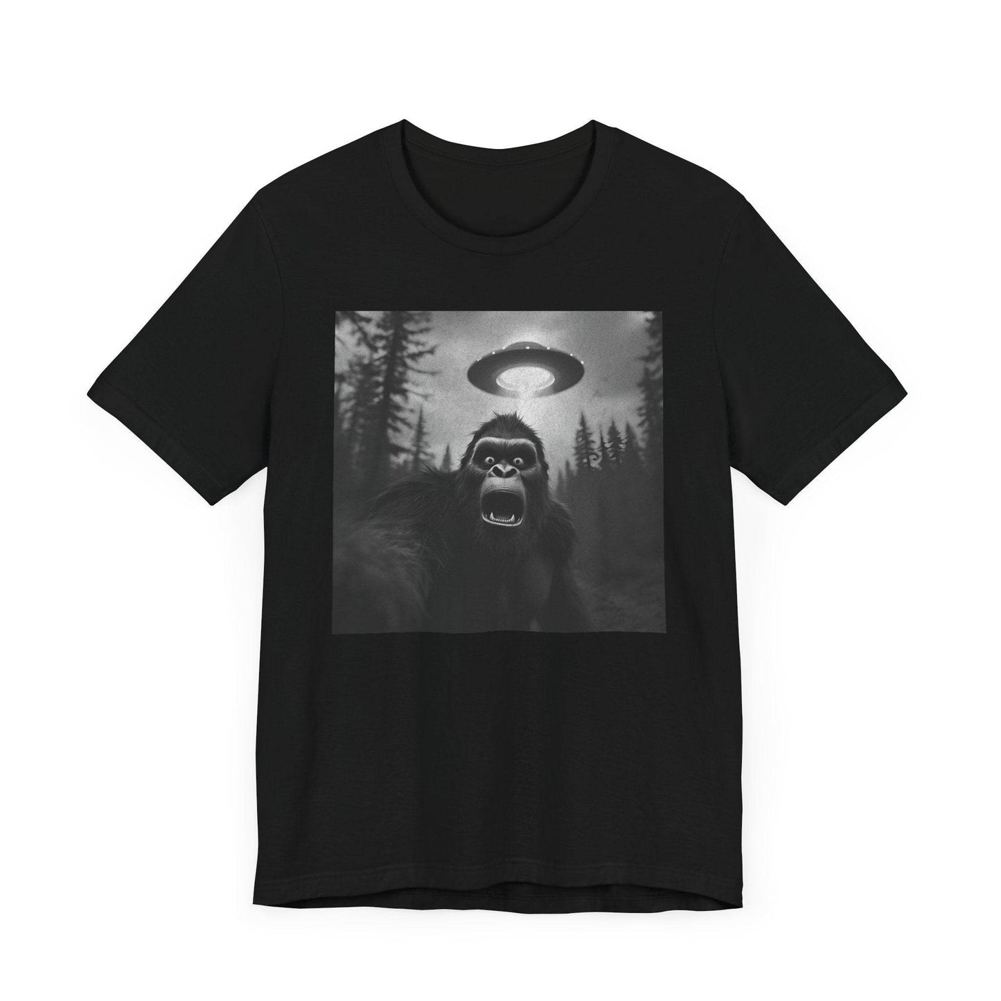 Short Sleeve Tee - Scared Sasquatch Bigfoot Selfie with UFO Design - QHC Supply