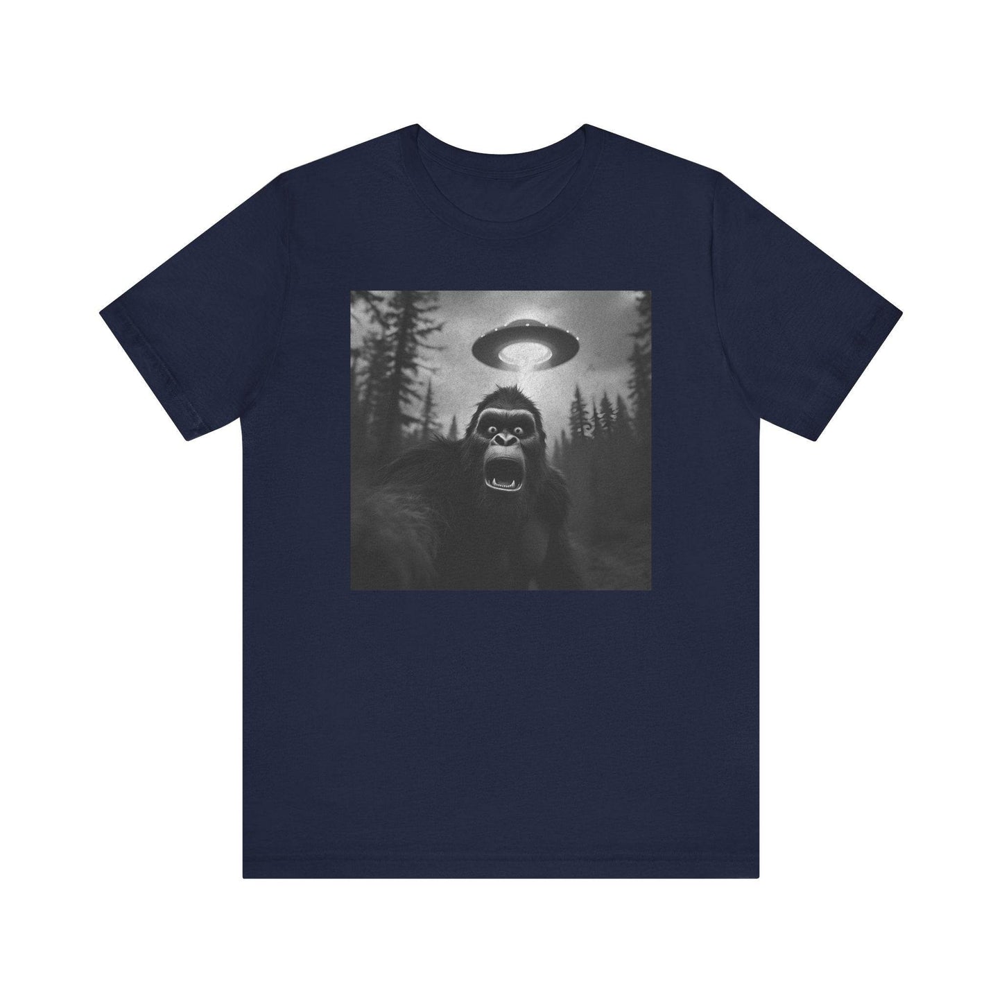 Short Sleeve Tee - Scared Sasquatch Bigfoot Selfie with UFO Design - QHC Supply