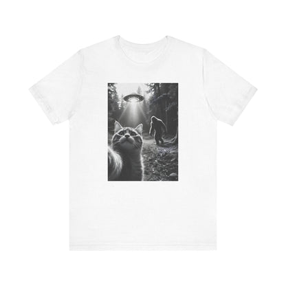 T-Shirt - Cat Taking a Selfie with Bigfoot and UFO Design - QHC Supply