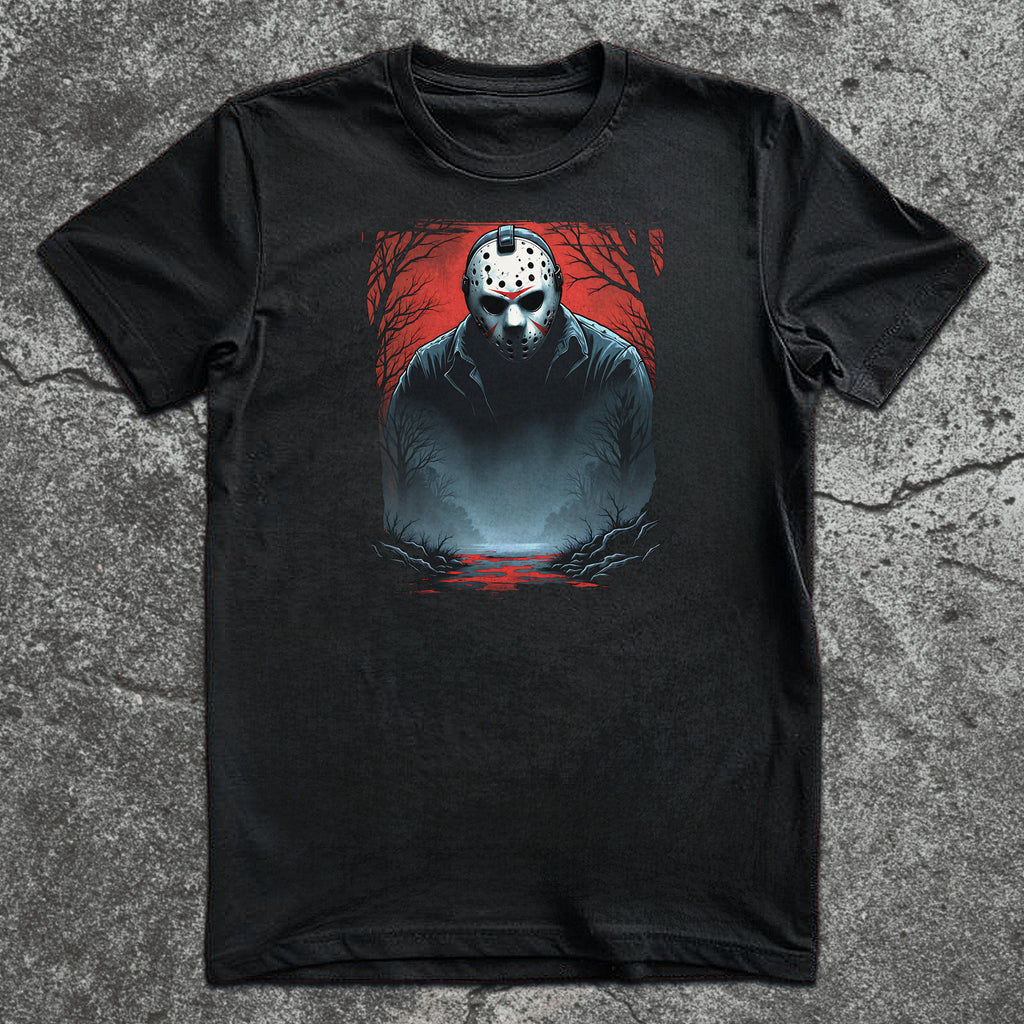 Jason Voorhees horrorcore t-shirt with cinematic red-and-black slasher art and dripping forest blood scene
