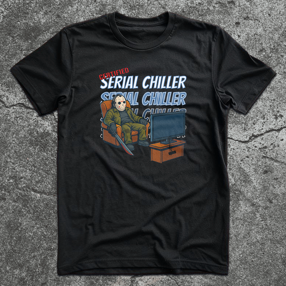 Masked slasher relaxing in a recliner with a machete and TV – Certified Serial Chiller graphic design