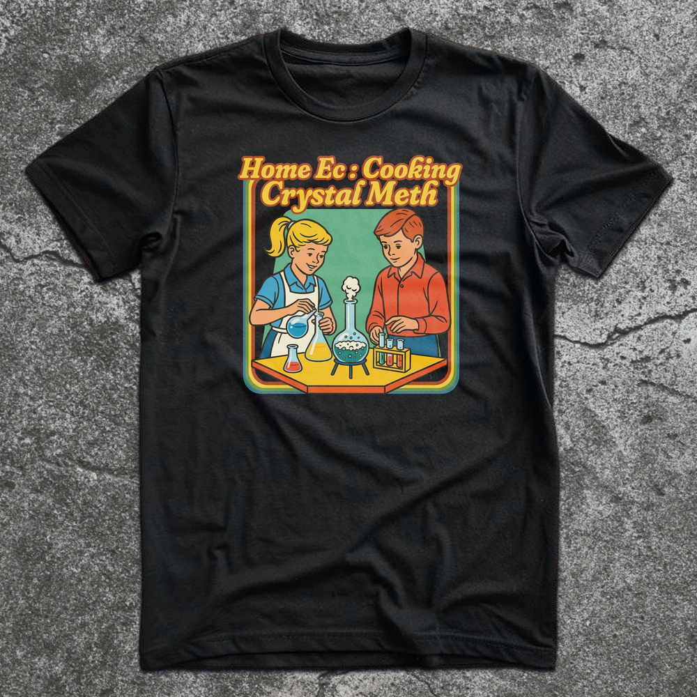 Retro illustration of kids doing chemistry with the title “Home Ec: Cooking Crystal Meth” in bold vintage font