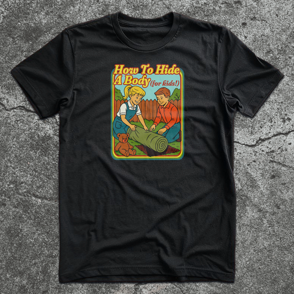Retro cartoon of two kids rolling up a carpet in a backyard with the title “How to Hide a Body (For Kids!)”