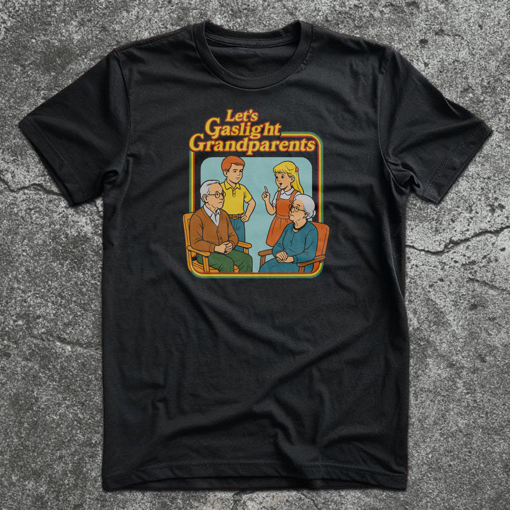 Retro dark humor shirt titled "Let’s Gaslight Grandparents" featuring vintage cartoon children with elderly couple
