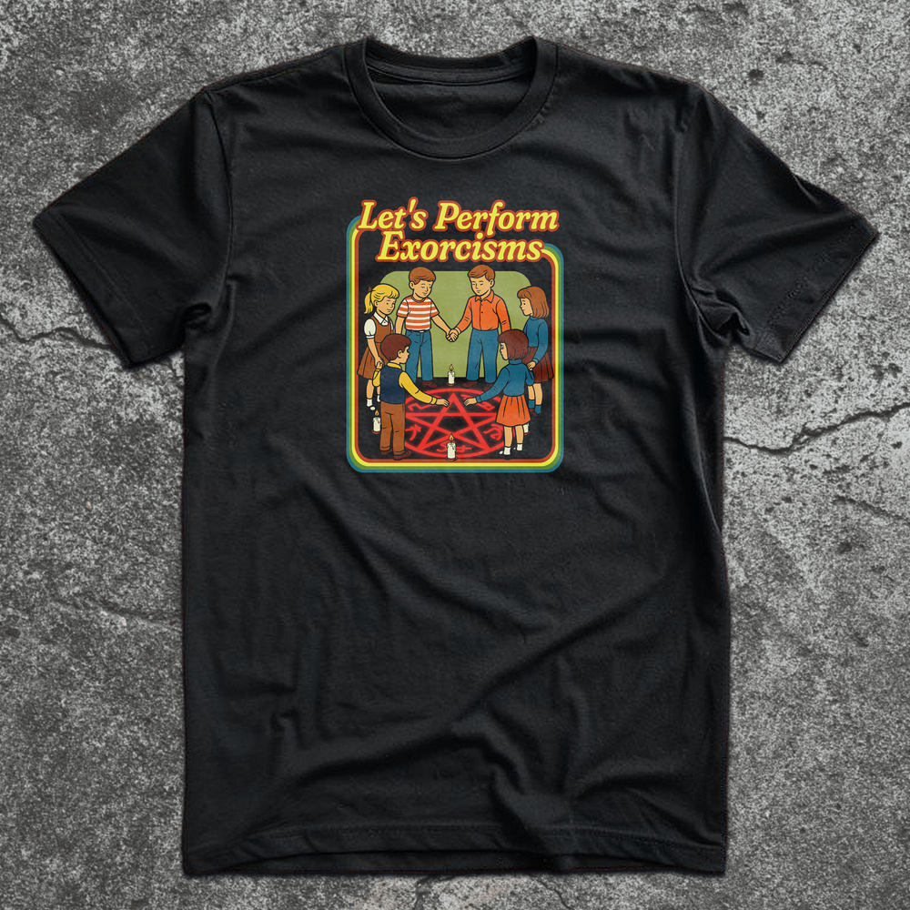 Vintage-style kids holding hands around a demon trap with candles – "Let's Perform Exorcisms" parody shirt.