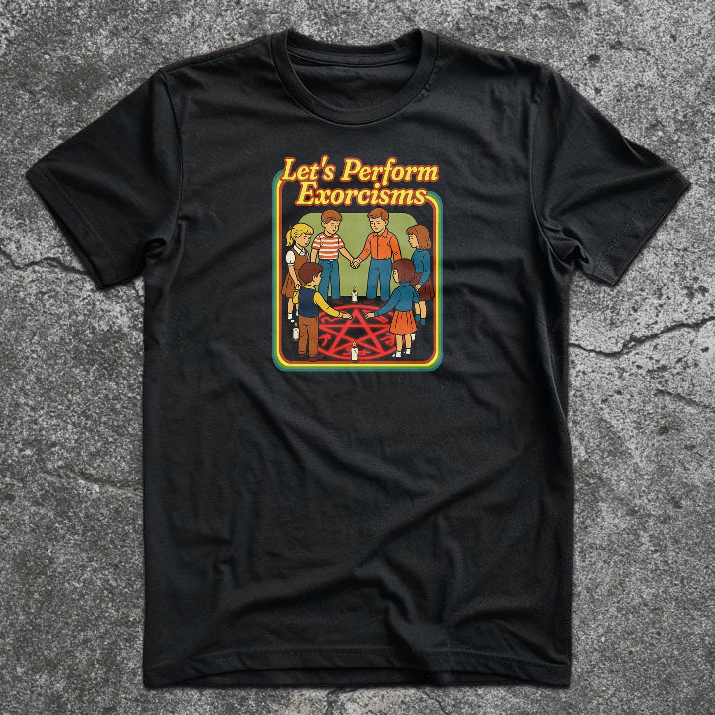 Vintage-style kids holding hands around a demon trap with candles – "Let's Perform Exorcisms" parody shirt.
