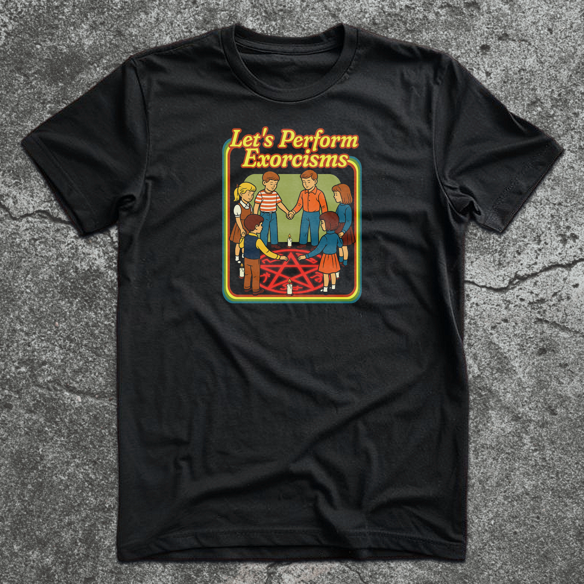 Vintage-style kids holding hands around a demon trap with candles – "Let's Perform Exorcisms" parody shirt.