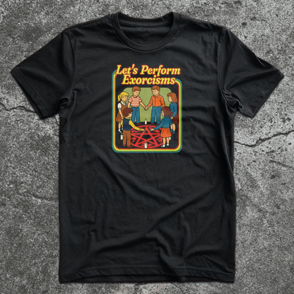 Vintage-style kids holding hands around a demon trap with candles – "Let's Perform Exorcisms" parody shirt.